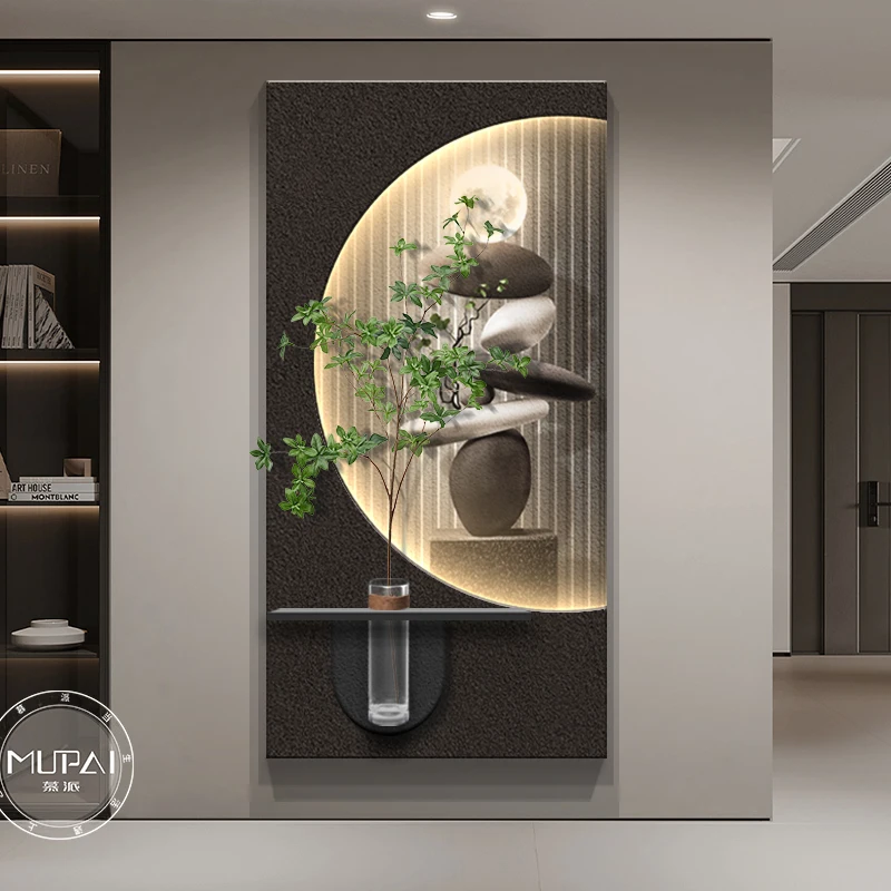 

Hydroponic green plants three-dimensional sandstone porch decorative painting new home high-end hanging painting with lamp