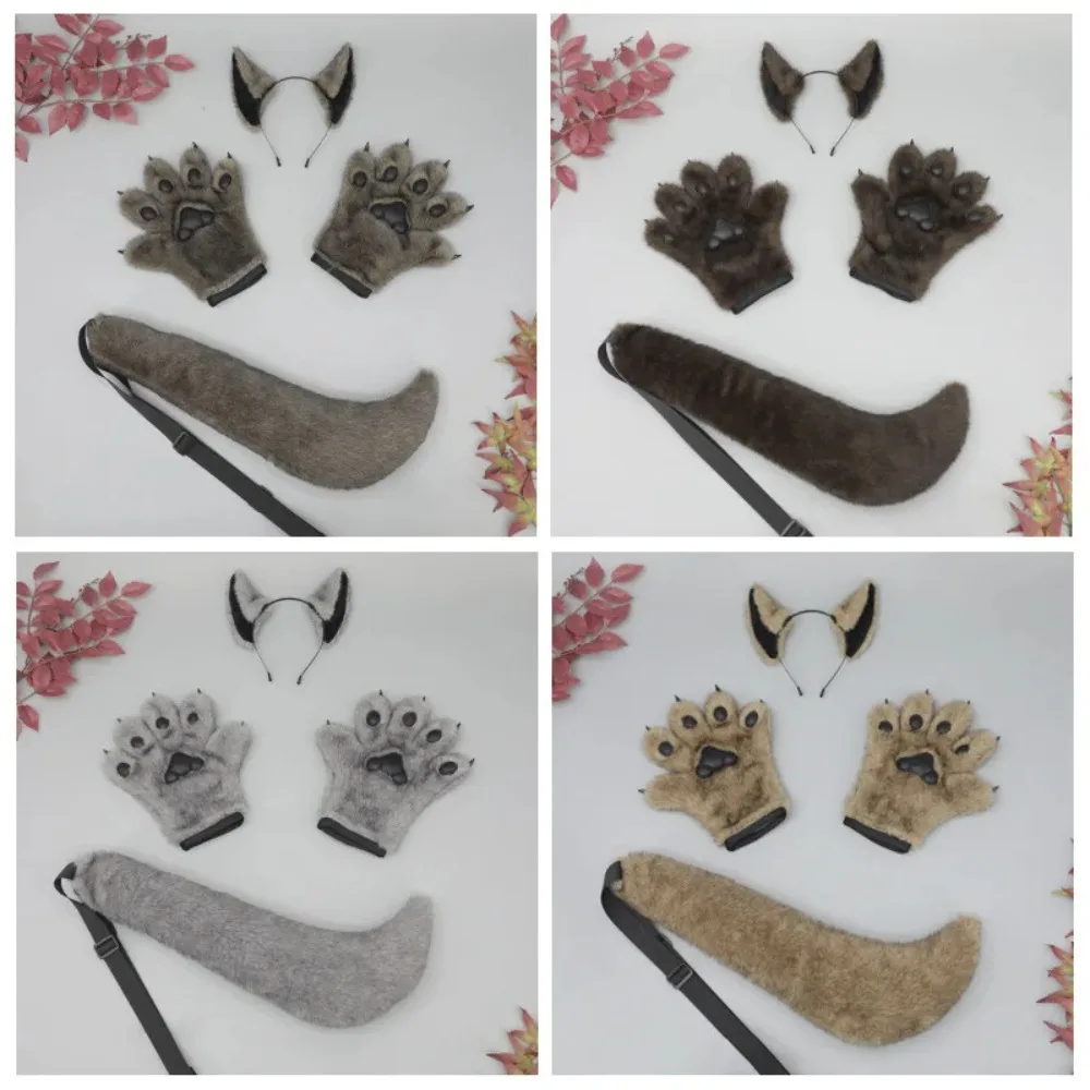Werewolf Ears Tail Claw Wolf Ear Hairband Faux Fur Paw Glove Adjustable Belt Tail Cosplay Accessories Party Props for Girl Women