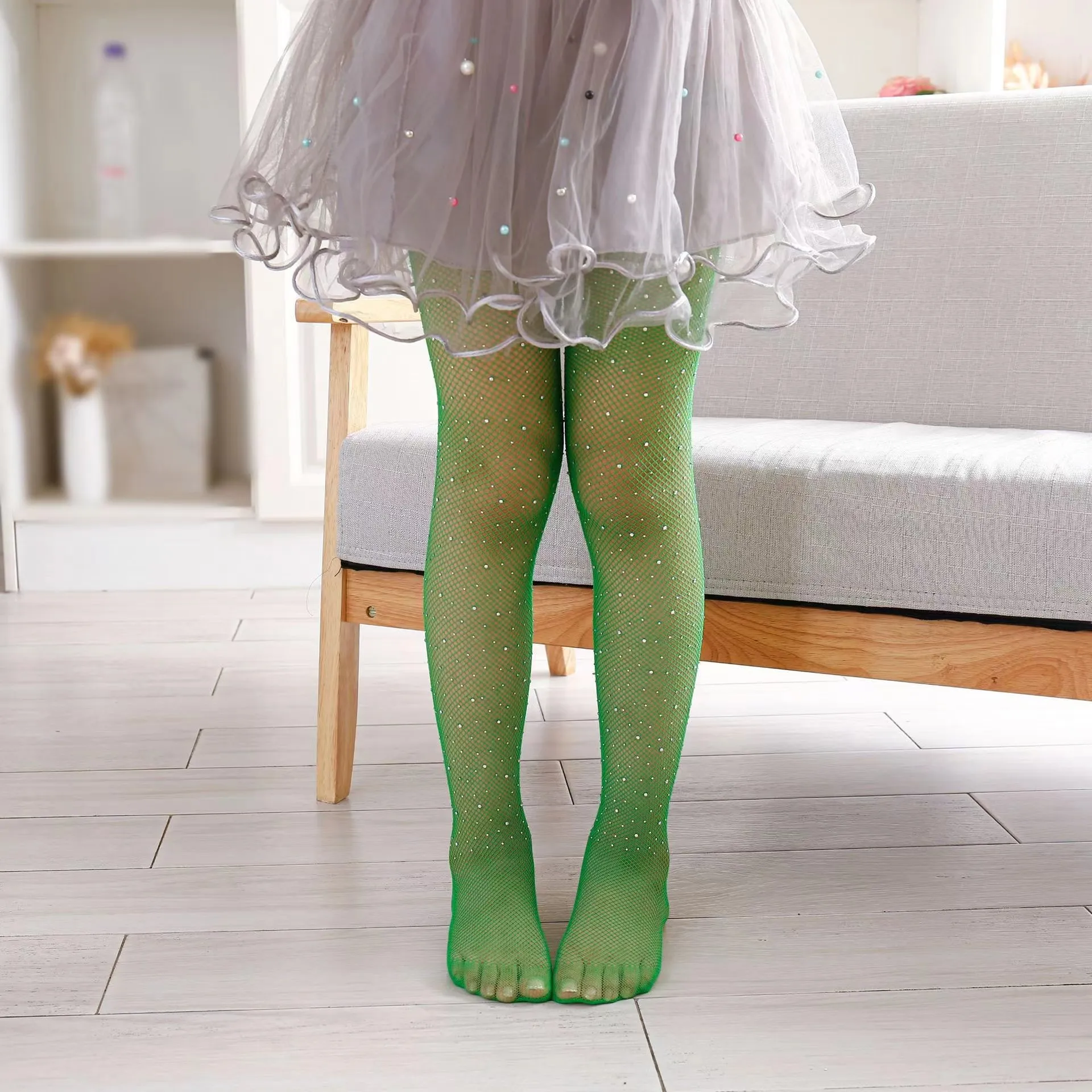 Christmas Green Hollowed-out Pantyhos for Kids Girls Summer Fashion Mesh Dance leggings Little Girl's High Street Stockings
