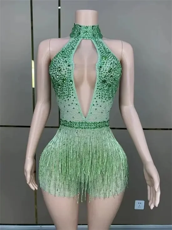 Flashing Rhinestones Tassels Green Sexy Halter Backless Sheath Bodysuit Party Celebrate Costume Dancer Prom Nightclub Stage Wear