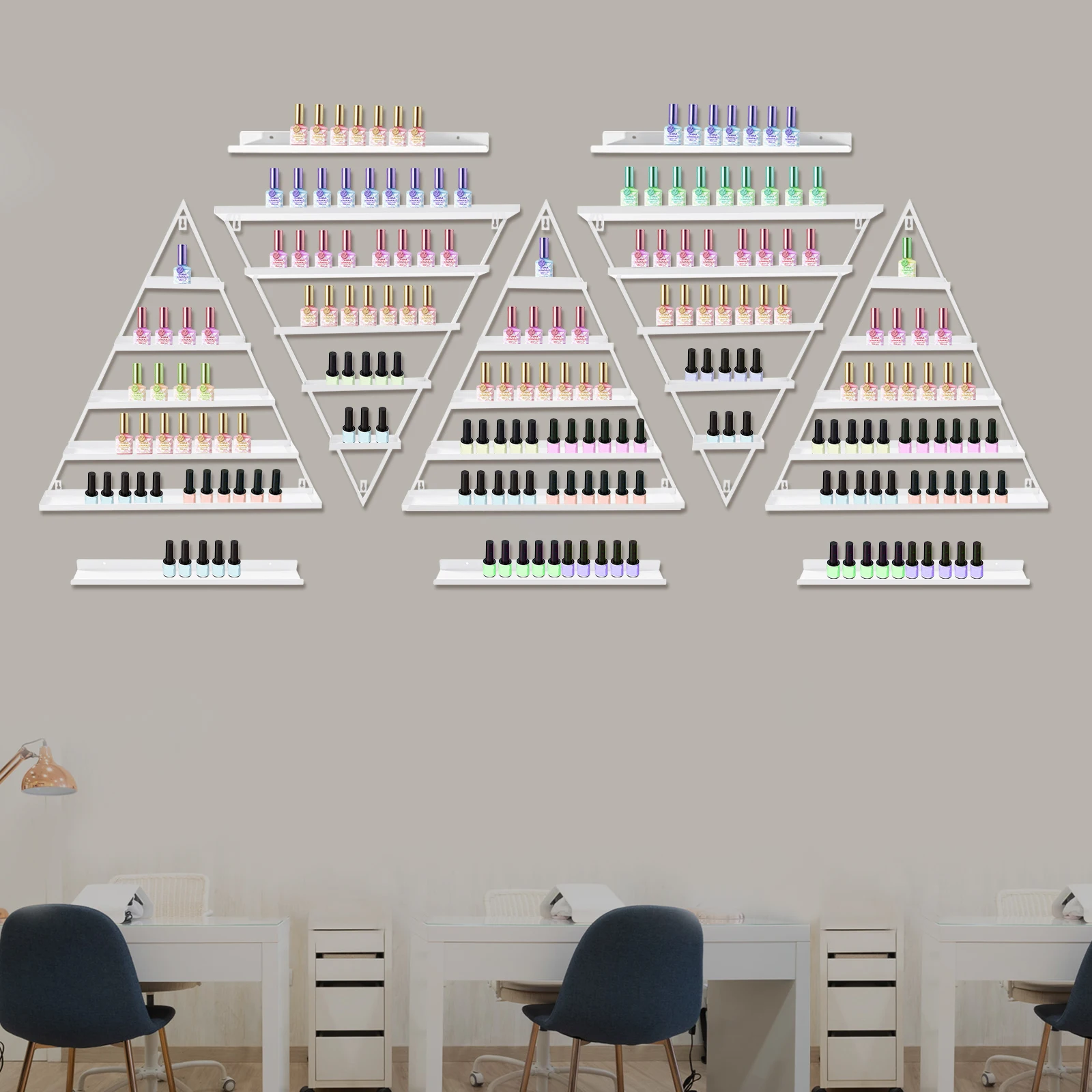 

Wall Mounted Nail Polish Rack Set with 10 Pieces, Triangular Racks & Horizontal Bars for Storage and Display