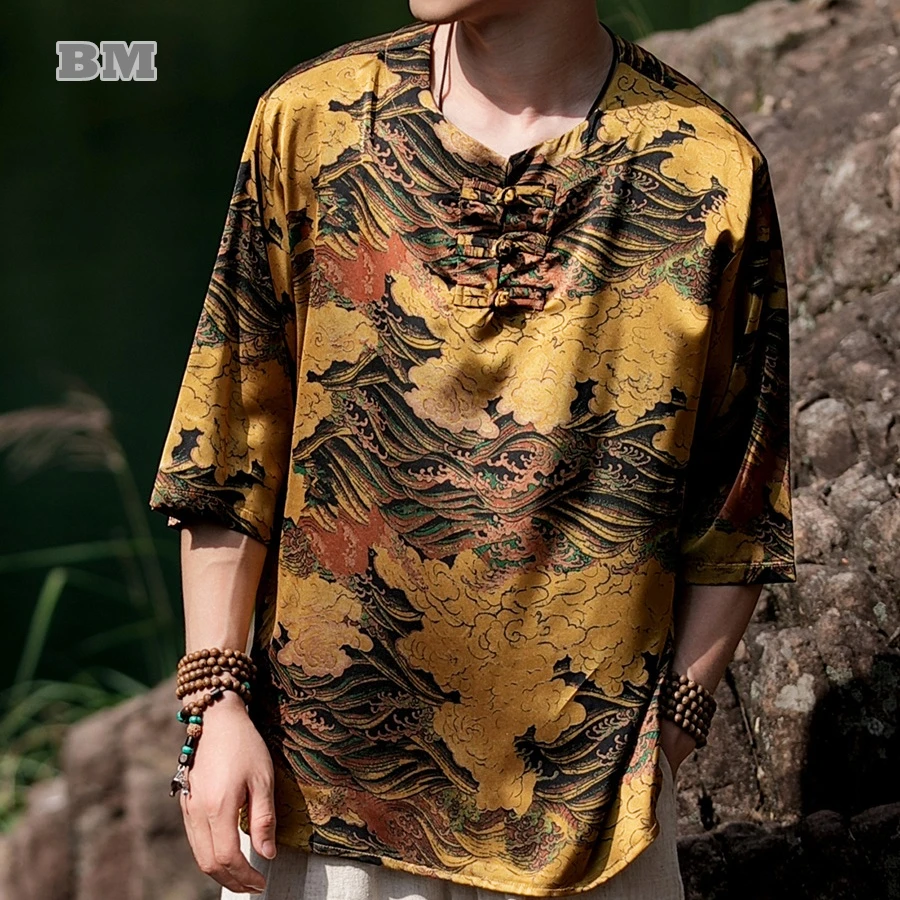 

Summer Chinese Style Ice Silk T-Shirt For Men Clothing Plus Size Vintage Lucky Cloud Pattern Short Sleeve Tee National Tops Male