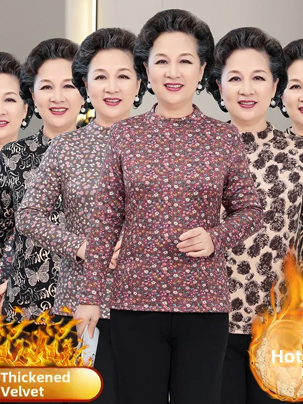 Warm Fleece Lined Base Layer T-Shirt for Older Women Autumn Winter Top Comfortable Breathable Casual Style Mom Clothes