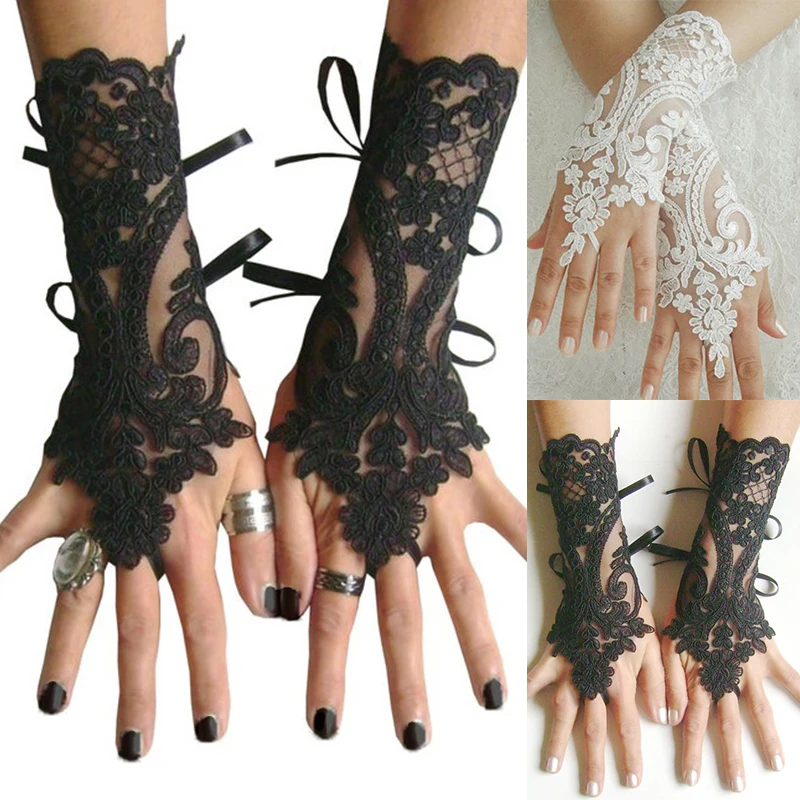 

Women Lace Long Gloves Winter Elbow Length Half-finger Gloves Ribbon Fingerless Hollow Mesh Etiquette Party Goth Gloves