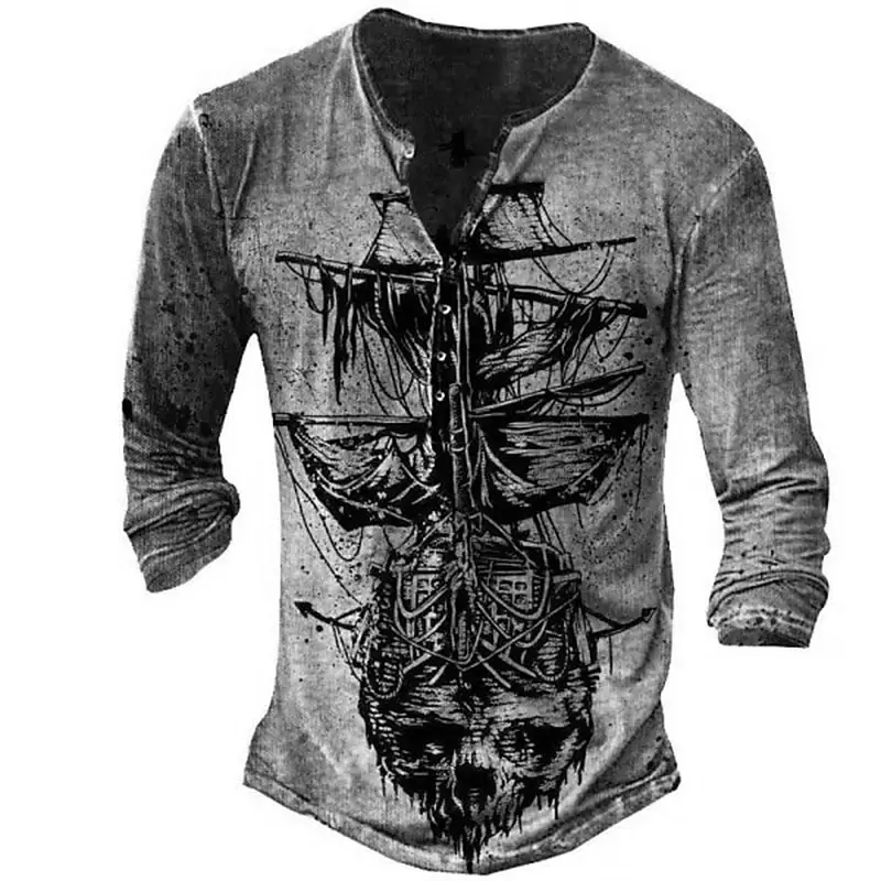 Vintage T-Shirt For Men Skull Graphic T Shirts Cotton 3D Print Henley Shirt Long Sleeve V-Neck Tees Oversized Male Clothing Tops