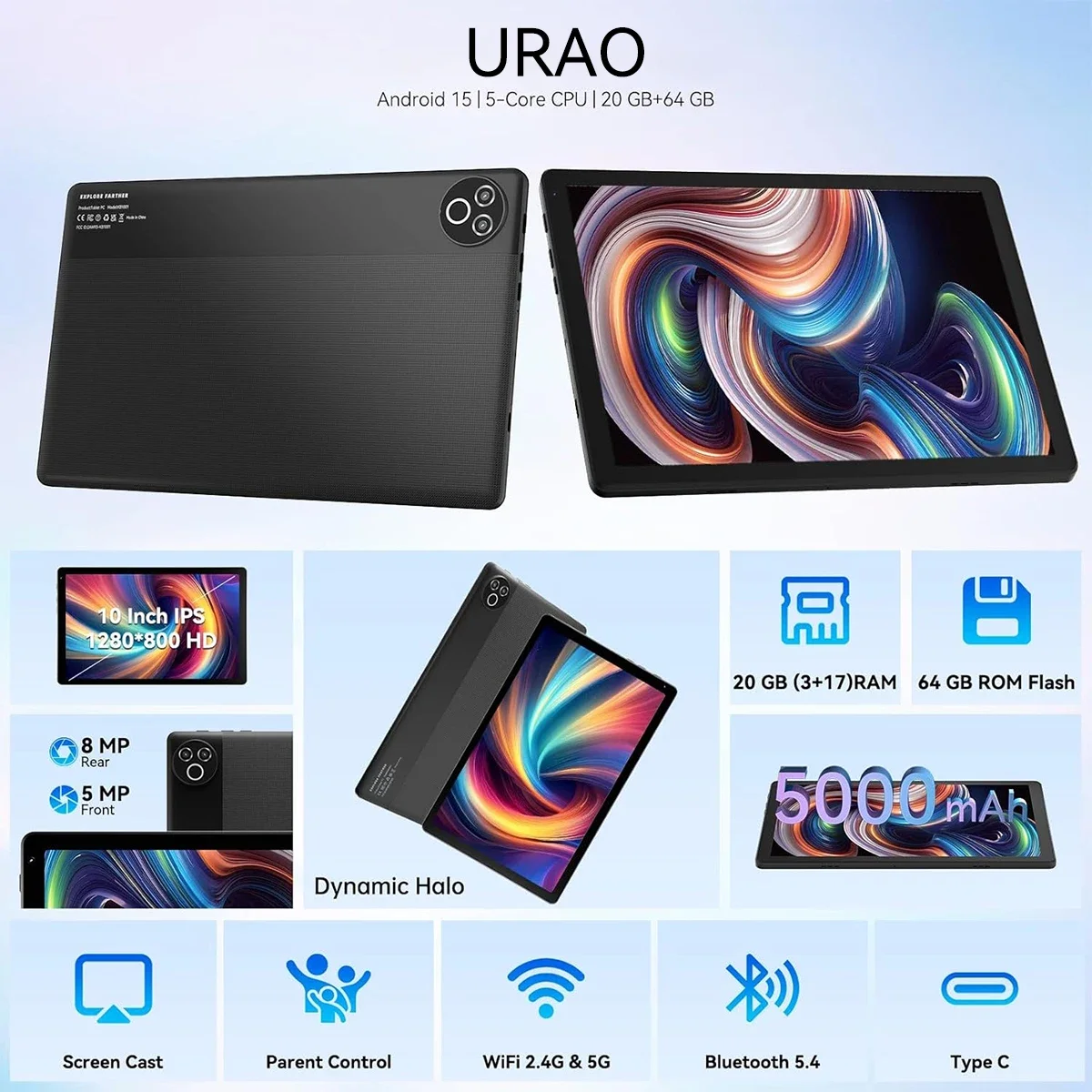 Android 15 タブレット 10インチ OS GMS認証タブレット 1.8GHz 5コア 20GB RAM 64GB ROM 1TB拡張可能 WiFi 6 Bluetooth 5.4 デュアルカメラ