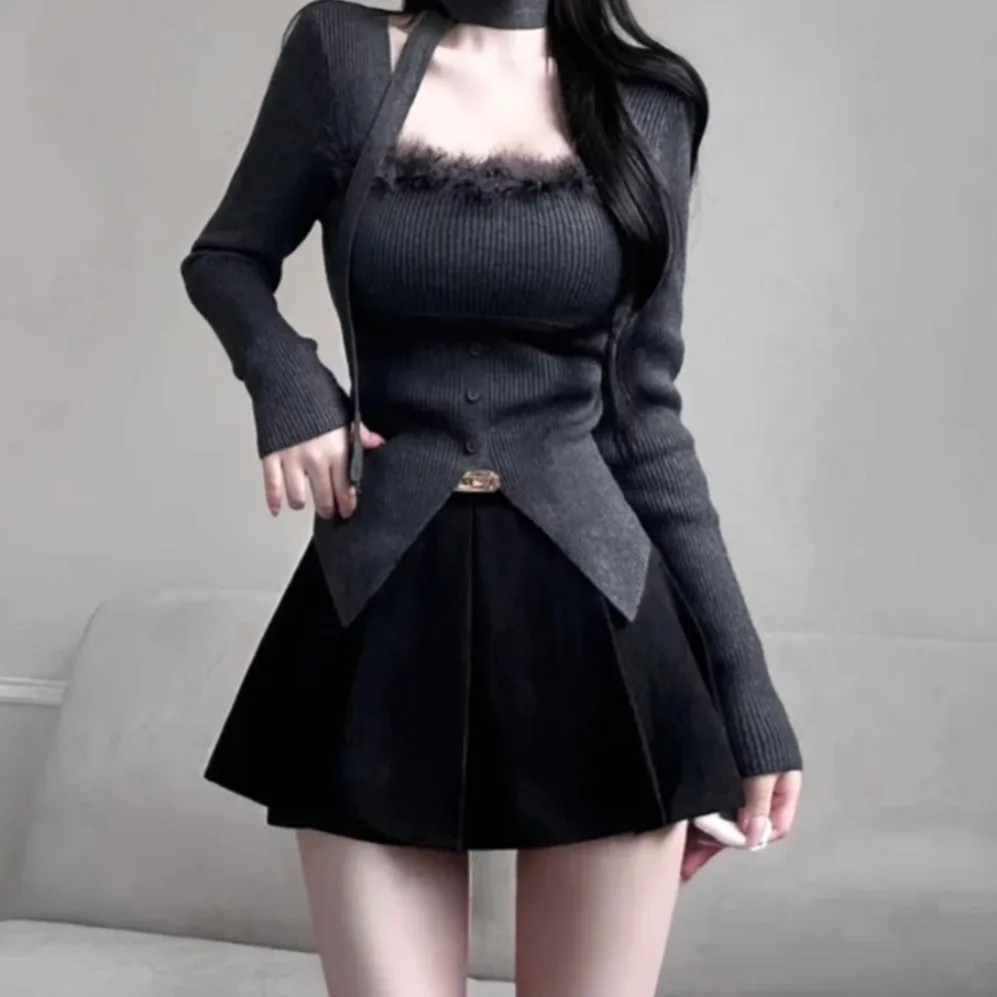 Women's Knitted Sweater Chic Autumn Winter New Style Small Atmosphere Sense Fur Splicing Square Collar Top