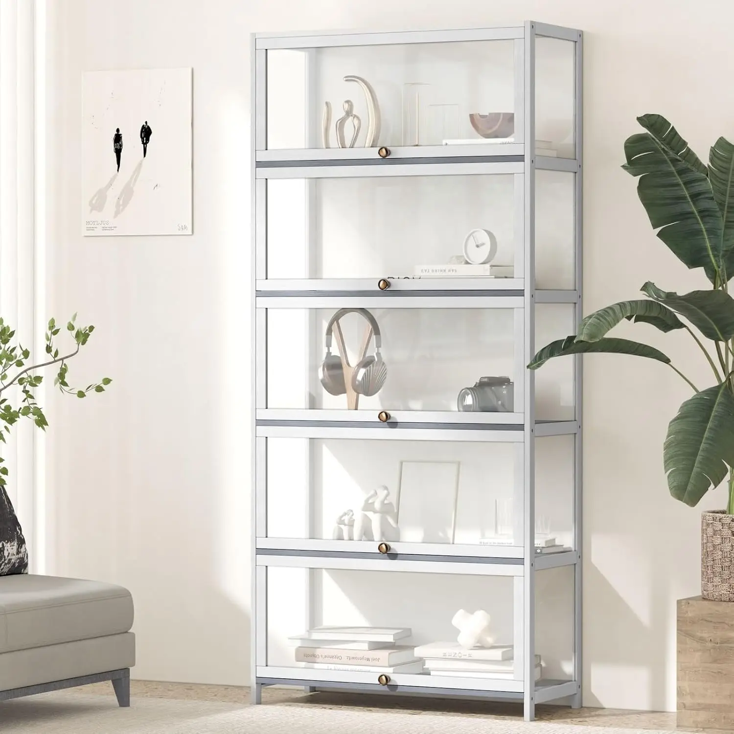 Cabinet with Flip Door and 5 Tier Shelves, Display Storage Case White