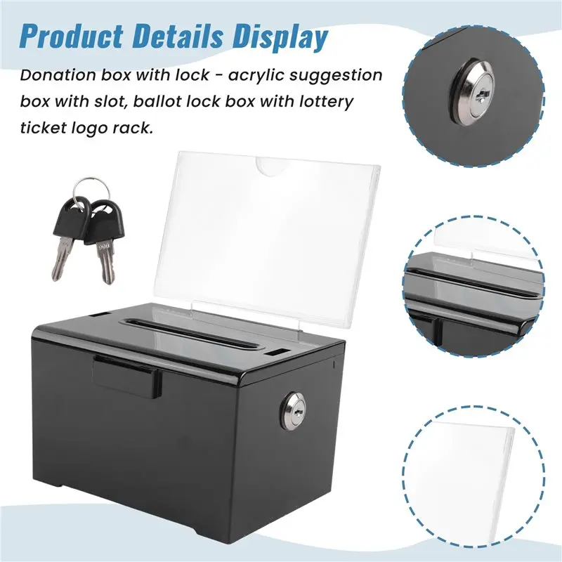 AA81-Donation Box With Lock - Acrylic Suggestion Box With Slot, Ballot Lock Box With Sign Holder For Raffle, Voting