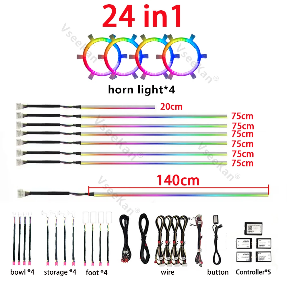 실내 LED 자동차 심포니 조명, 주변 조명, 인테리어 분위기, BMW 도요타 푸조 히든 아크릴, 24 인 1 