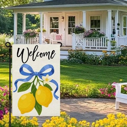 Lemon Welcome Garden Flag 12x18 Double Sided, Summer Citrus Fruit Yard Flag with YYZ