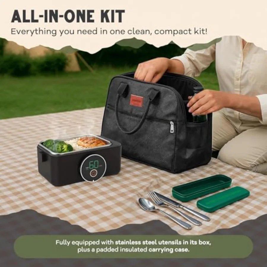 صندوق غداء ساخن 45 وات صندوق غداء كهربائي لاسلكي للبالغين 33.8 أونصة قابل لإعادة الشحن لتدفئة الطعام مع حقيبة حمل مؤقت مثالية لـ #4