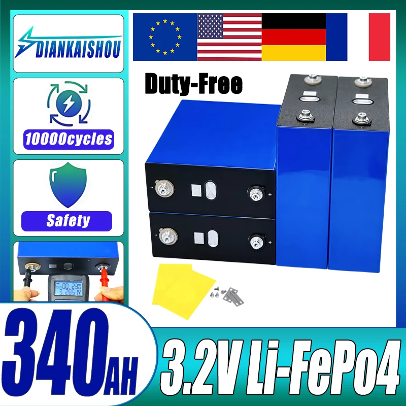 

3,2 В 340 Ач Lifepo4 Батарея класса A 3C Высокая мощность DIY 12 В 24 В 48 В EV RV Солнечная аккумуляторная батарея Duty Free