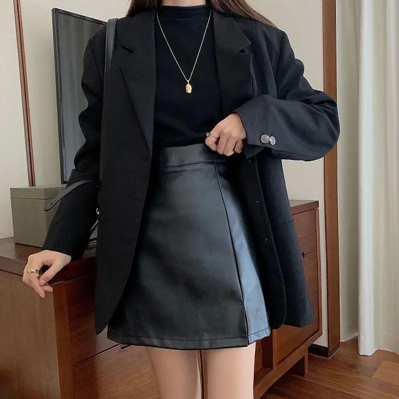 Women\'s Leather Skirts Black Gothic High Waist Split Short Skirt Fashion  Vintage Casual Bottoms Plus Size Female Y2k Clothes