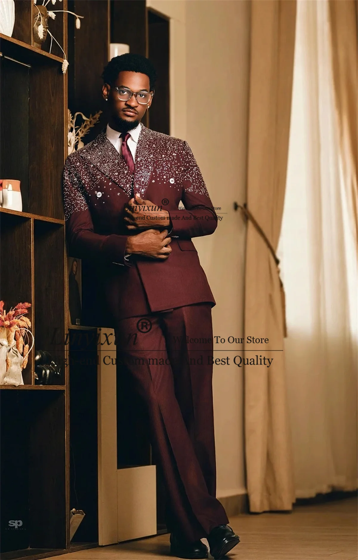 

Glitter Diamond Embroidered Tuxedos Men Suit Slim Fit 2 Piece Sets Male Prom Blazer Customized Groom Party Wedding Costume Homme