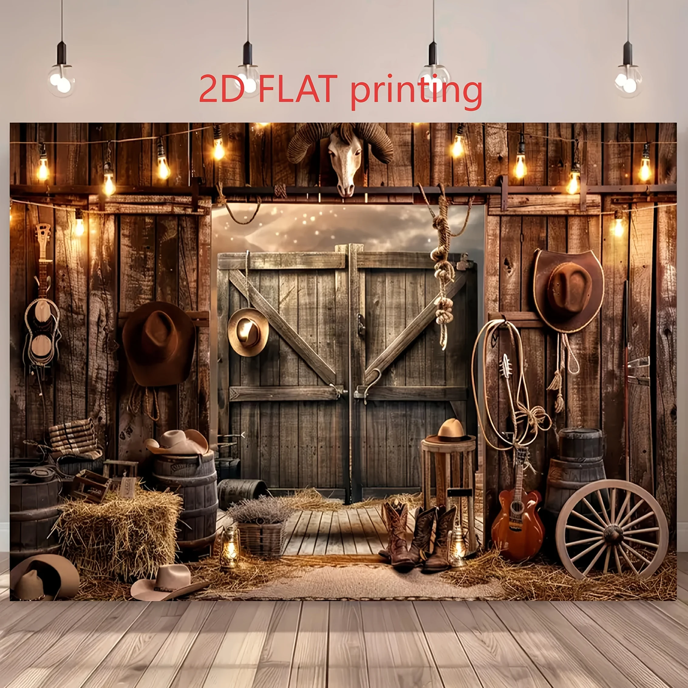 

2D flat 1pc Western cowboy-themed party background, western barn door with horseshoes, cowboy hat, photo background