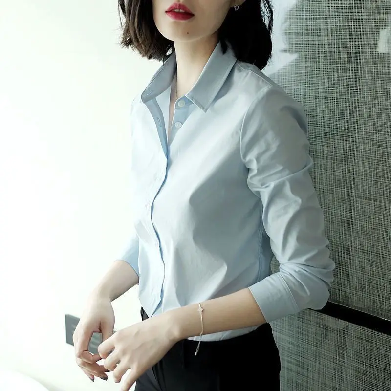 2024 Spring and Autumn Korean Commuter Minimalist and Versatile Blouses Long Sleeve Slim Solid Color Collar Women\'s Shirt Top