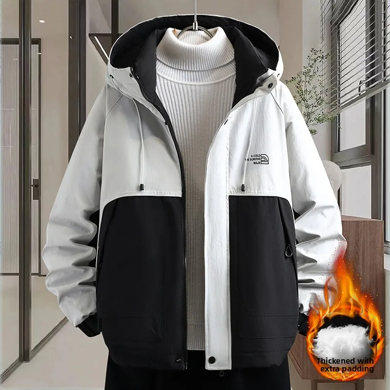 

Thiened Cotton Hooded Jaet Youth Casual Winter Workwear Warmth Protection Coat Zipper Closure Long Sve Polyester Fiber