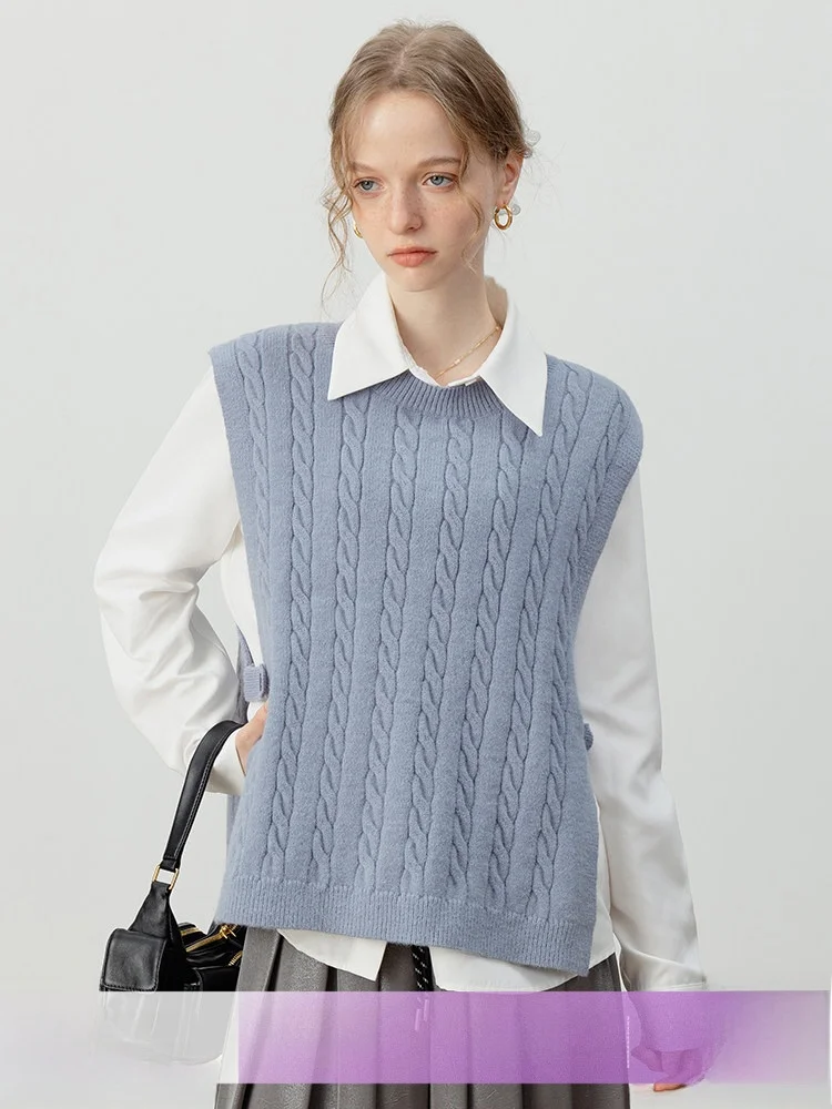 

Pure Color Knitted Twist Sweater Vest Sleeveless Layering Top Versatile Loose Fit Eggka Brand Polyester Fiber Autumn 2024