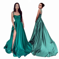 Elegant Green Women Spaghetti Straps Satin Prom Dress Long Side Slit A-line Formal Evening Luxurious Dresses With Pockets