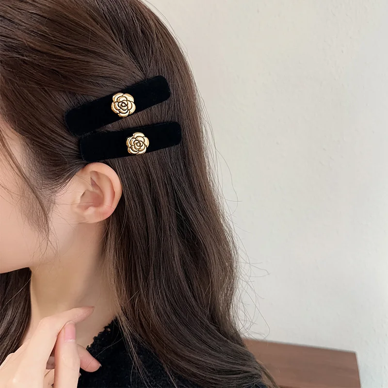 Vintage Gold Camellia Black Colour Velvet Hair Claw Clips Women Fashion BB Clips Hairpin Bangs Clip Girls Hair Accessories Gifts