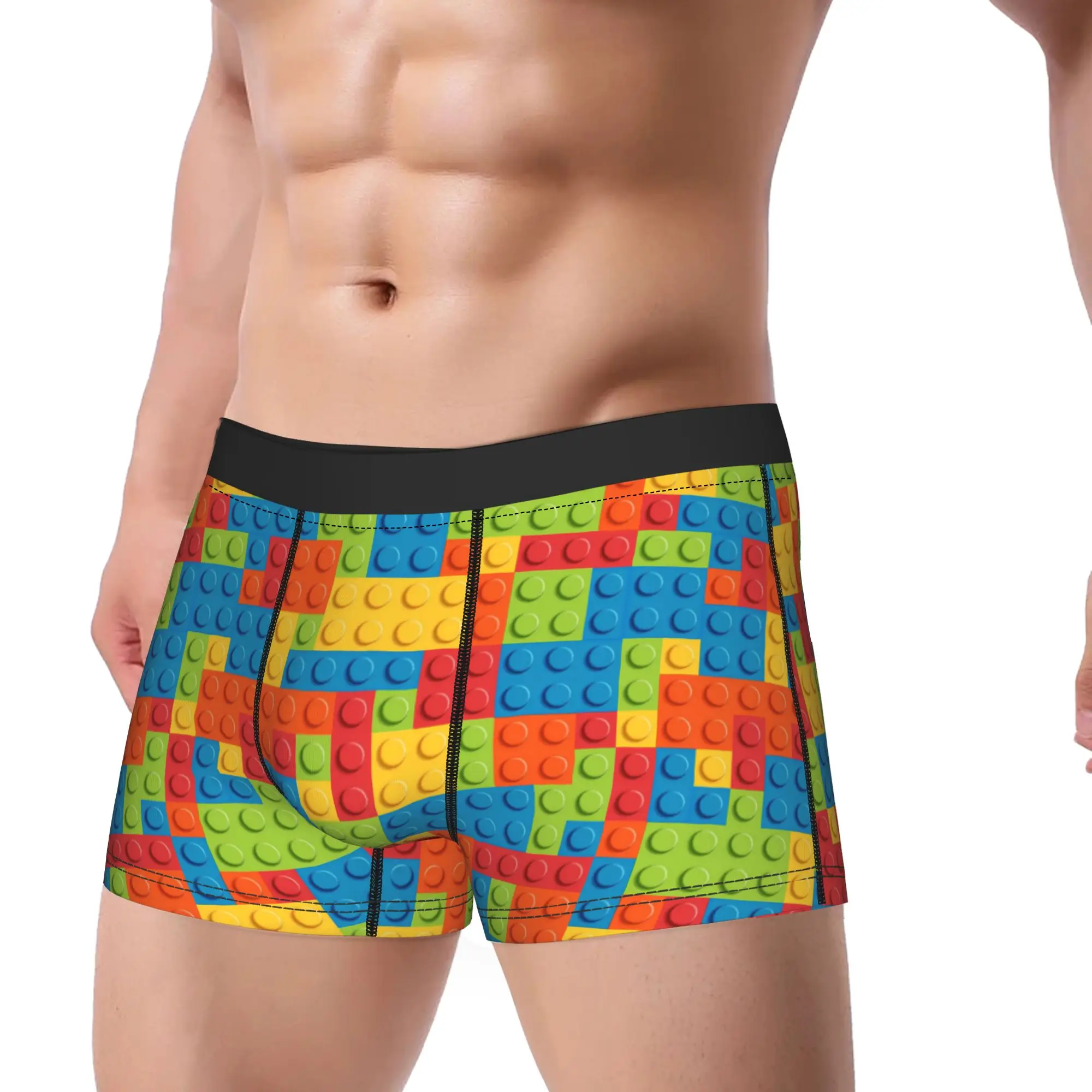 

Neon Multicolor Building Blocks Pattern Underwear Men's Panties Custom Breathable Boxershorts Quality Boxer Brief Plus Size