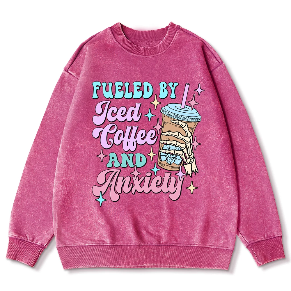 Skeleton Hand And Coffee Colored Word Print Female Washed Sweatshirt Street Hipster Tracksuit Cotton Clothes Oversize Pullover