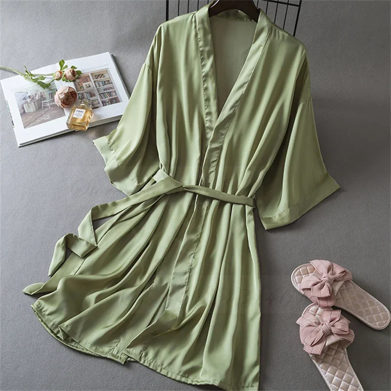 

Women's Robe Negligee Half Sleeve Kimono Bathrobe Gown Spring Summer New Nightgown Home Dress Sexy Silky Satin Loungewear
