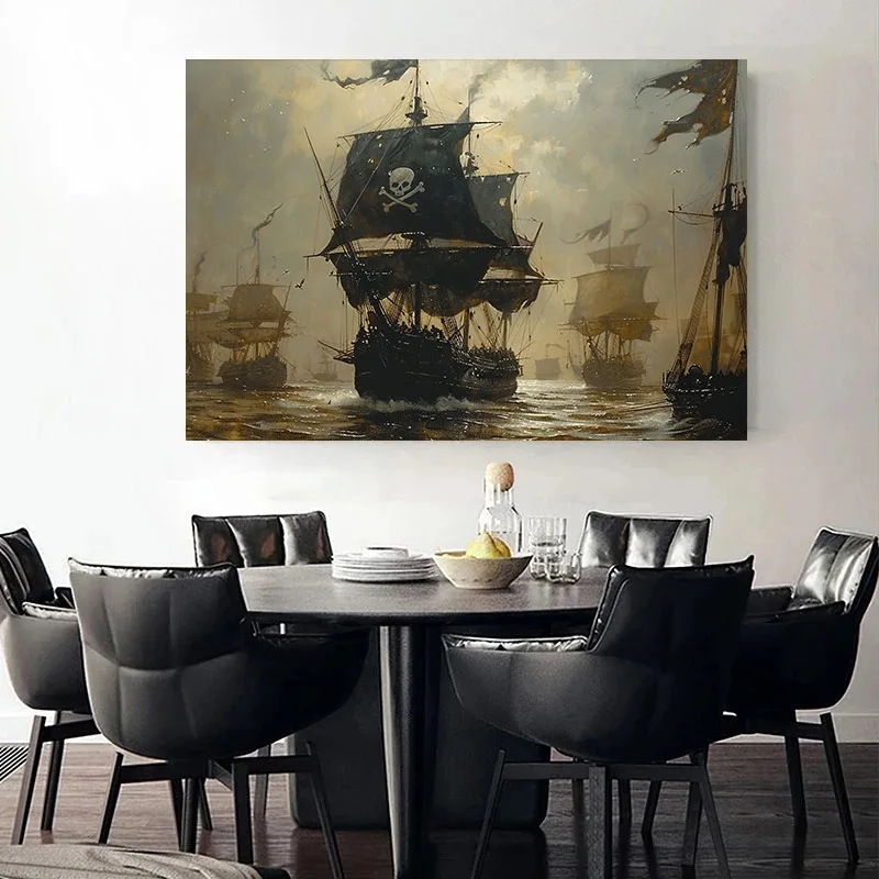 Medieval Battle Scene Vintage Pirate Ship Sailing Ship Posters and Prints Canvas Printing Wall Art Picture for Living Room Decor