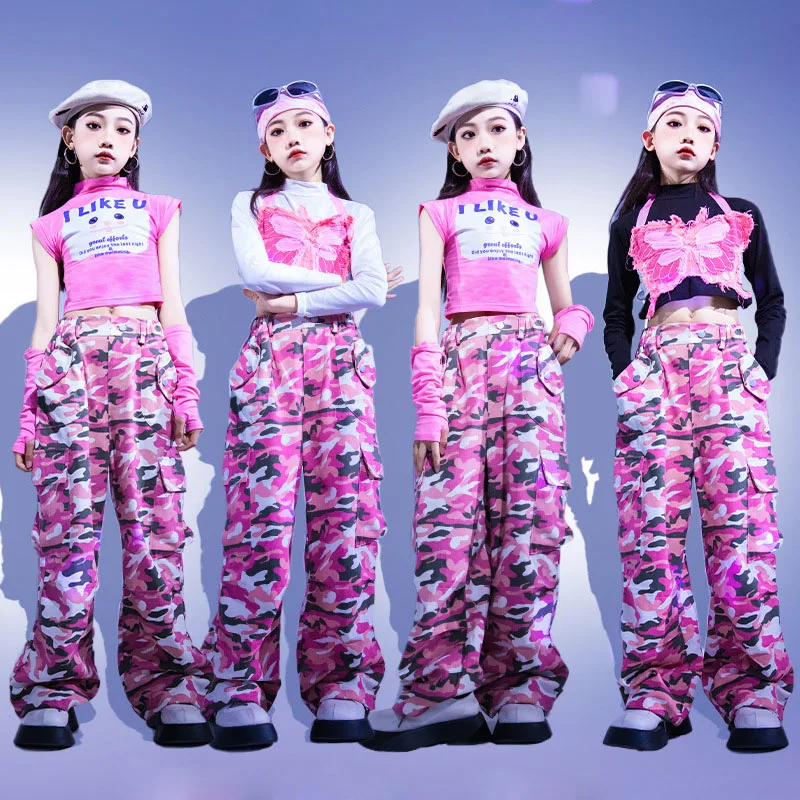 Kid Cute Hip Hop Clothing Denim Pink Butterfly Crop Tank Top Casual Camouflage Cargo Pants for Girl Jazz Dance Costumes Clothes