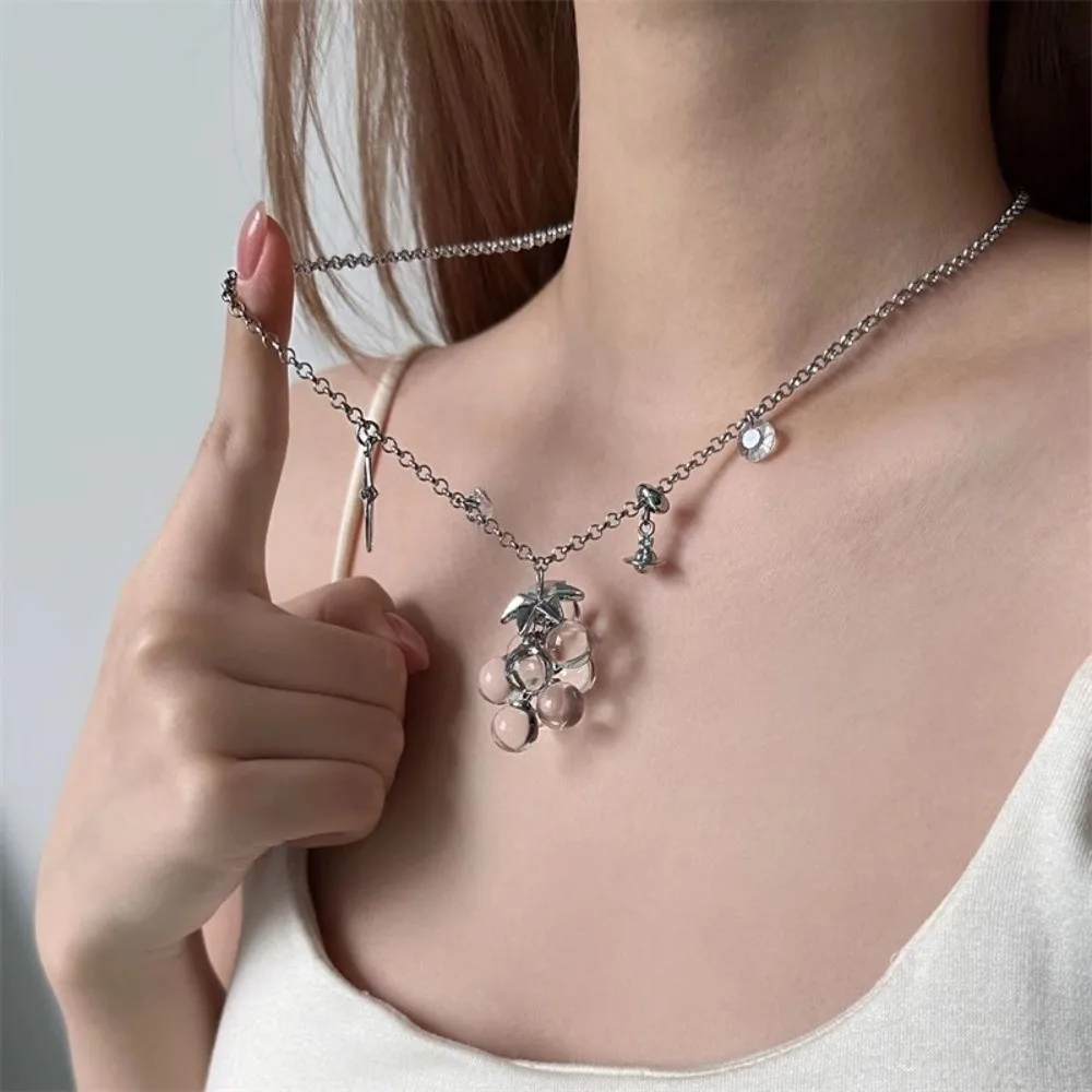 Beaded Grape Cluster Necklace Saturn Translucent Starburst Choker Stainless Layering Fruit Cluster Charm Nightouters