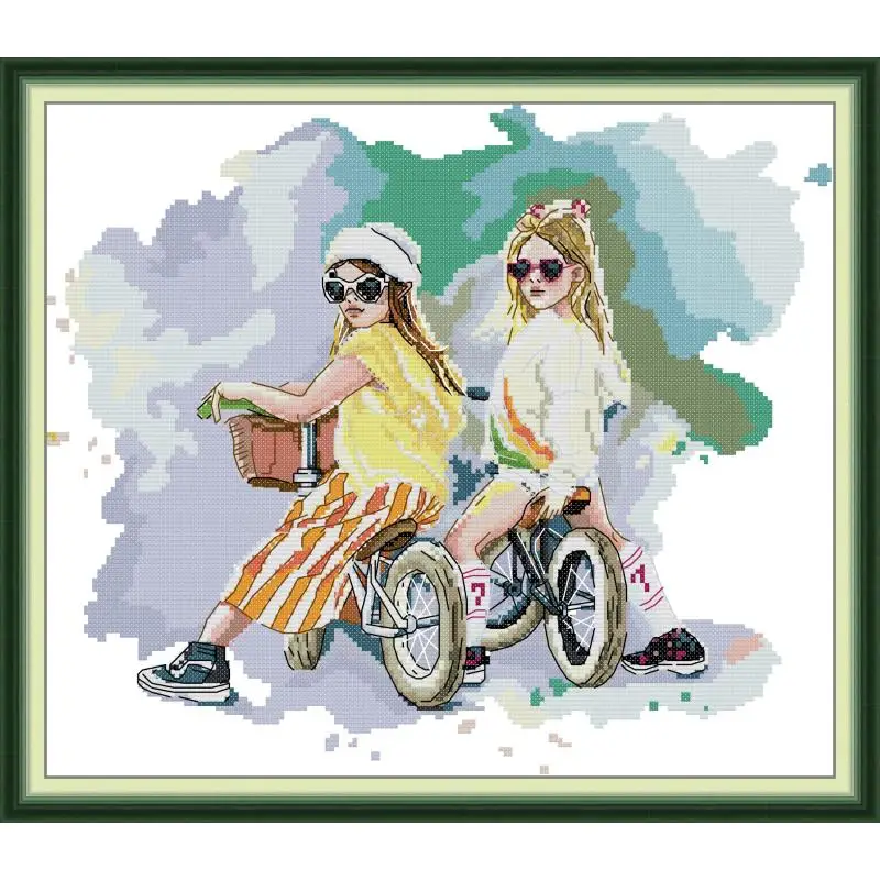 

Maydear Cross Stitch Kit, 11CT/14CT/16CT/9CT Aida Fabric,DMC Threads Sewing Pattern Embroidery Set-Girl riding a bmx