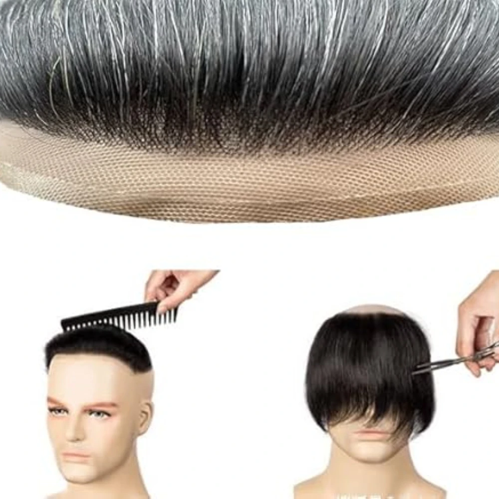 FPM Parrucchino per uomo Pezzi di capelli 10x8" Unità di toppe per capelli da uomo Impianto per uomo Parte anteriore in pizzo e parte superiore con pezzi di capelli in PU