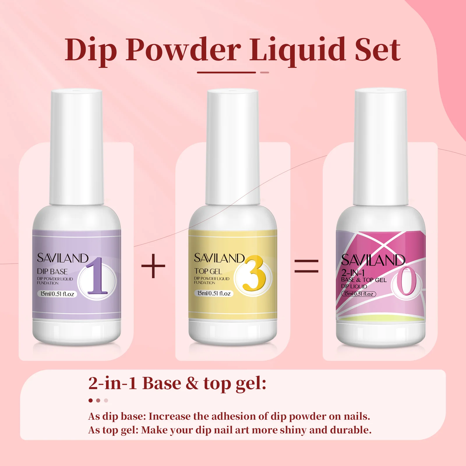 Saviland Dip Powder Liquid Set 2 in 1 Dipping Powder System with Base and Top Coat with Dip Powder Activator Fast Air Dry