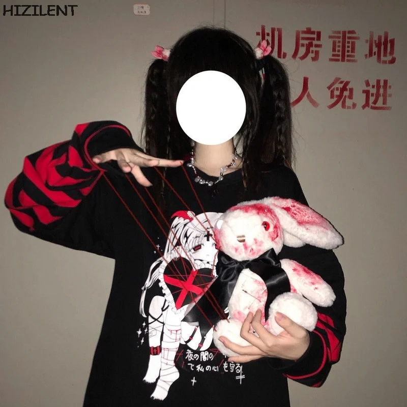 Summer Kawaii Goth Black Anime Graphic Oversized T Shirt Top Women T-shirt Loose Short Sleeve T Shirt Femme Grunge Y2K Clothes