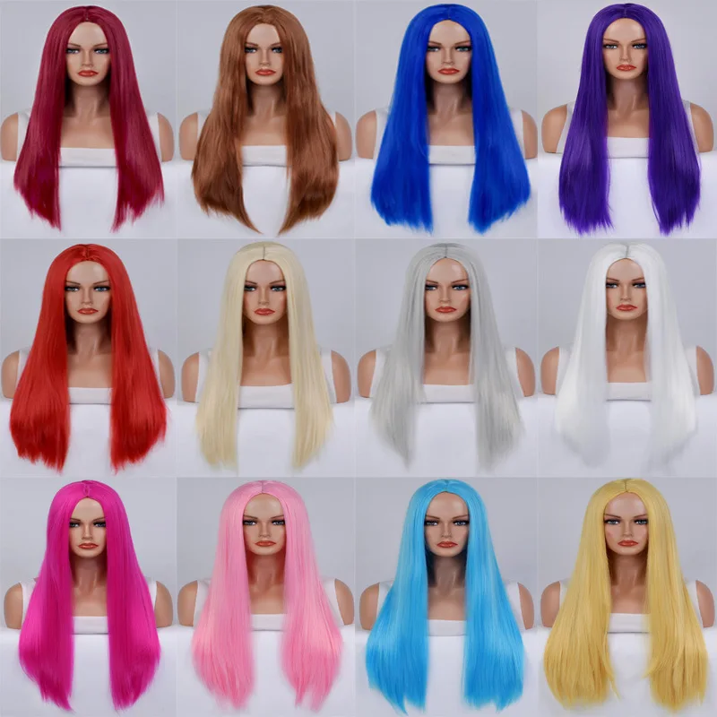 Synthetic Halloween Cos Costume Wig Colorful Party Long Middle Part Straight Hair with Bangs for Women Festival Headpiece