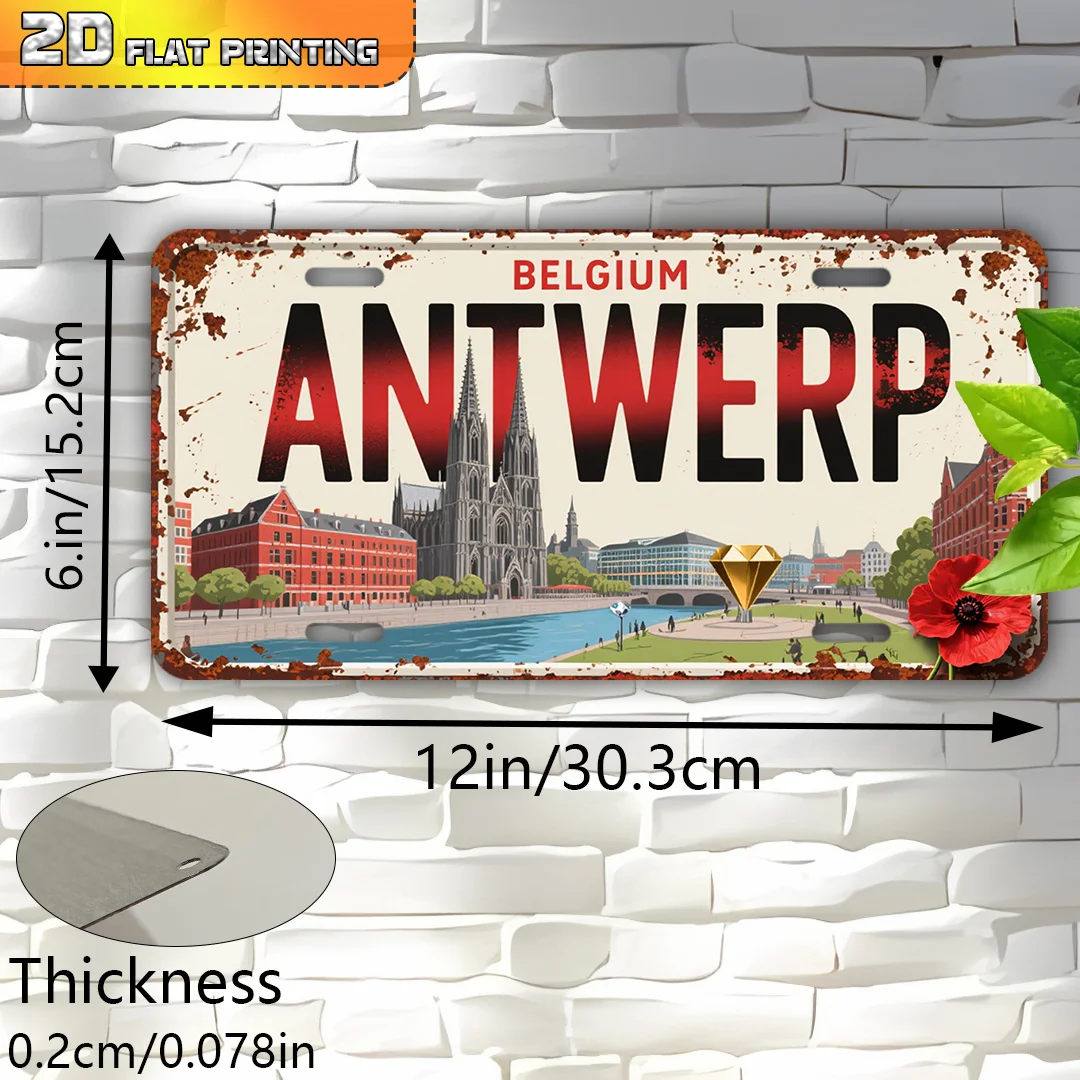Vintage Antwerp Belgium Map & Landmarks 2D Flat Aluminum Sign 6x12 Inch (15x30cm) with Dutch/Flemish Text And English Labels Ico