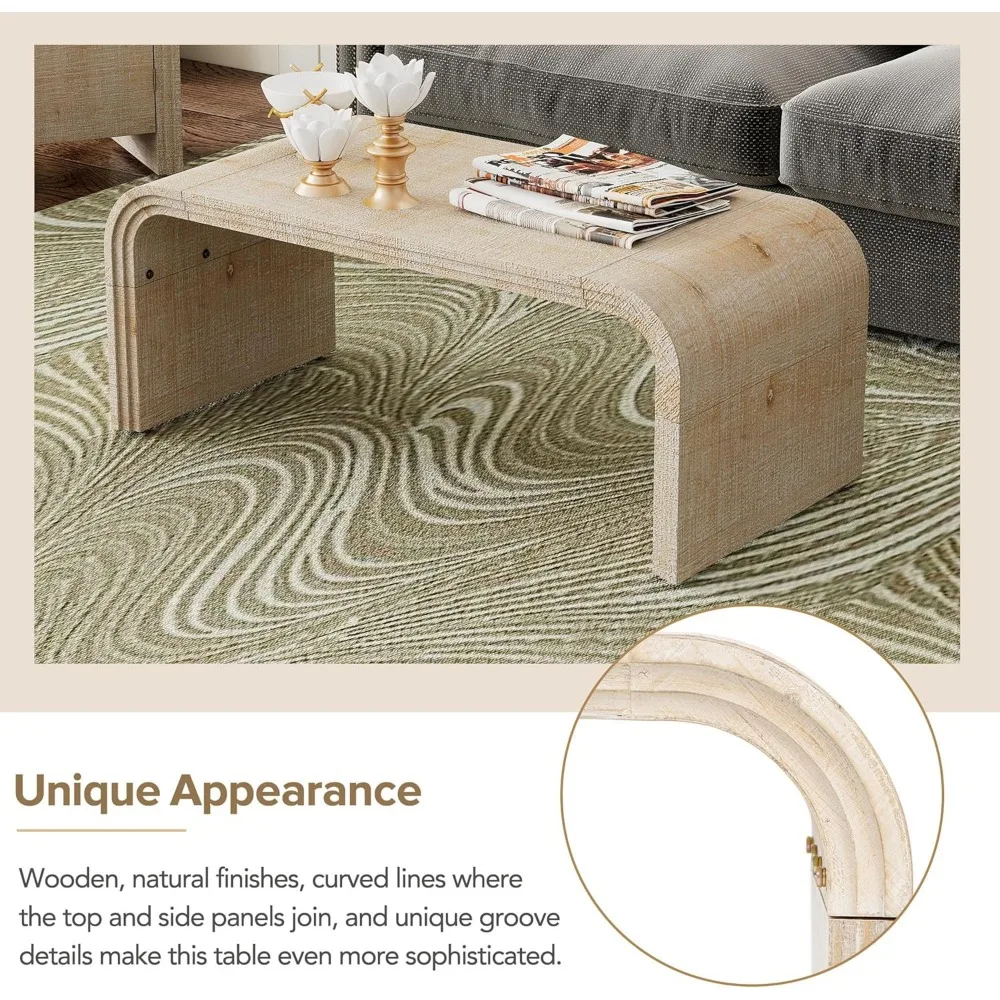 TREXM Minimalist Coffee Table with Curved Art Deco Design for Living Room or Dining Room(Natural Wood Wash)