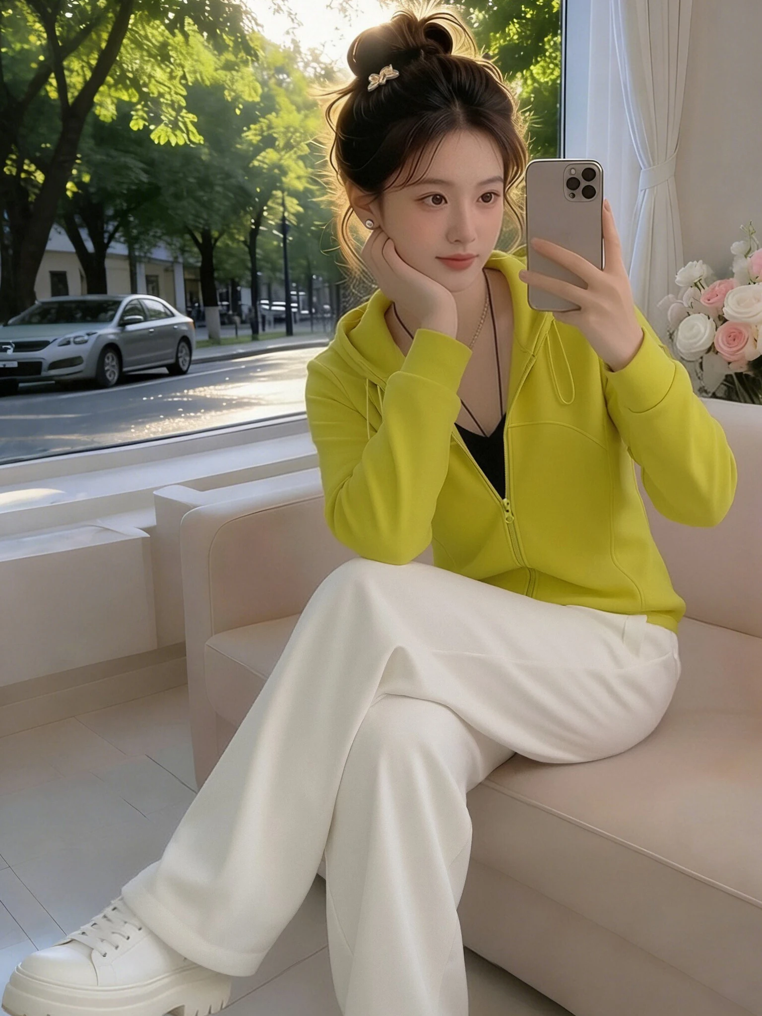 

Весенний комплект 2026: желто-зеленая толстовка с капюшоном и брюки с высокой талией, модный повседневный стиль, декор на молнии