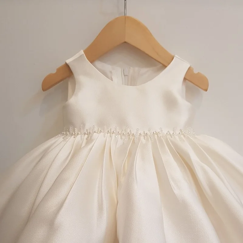 Baby Girl Princess Satin Dress Pearl Waist Infant Toddler Teen Vintage Vestido Party Pageant Birthday Frocks Clothes 1-14Y