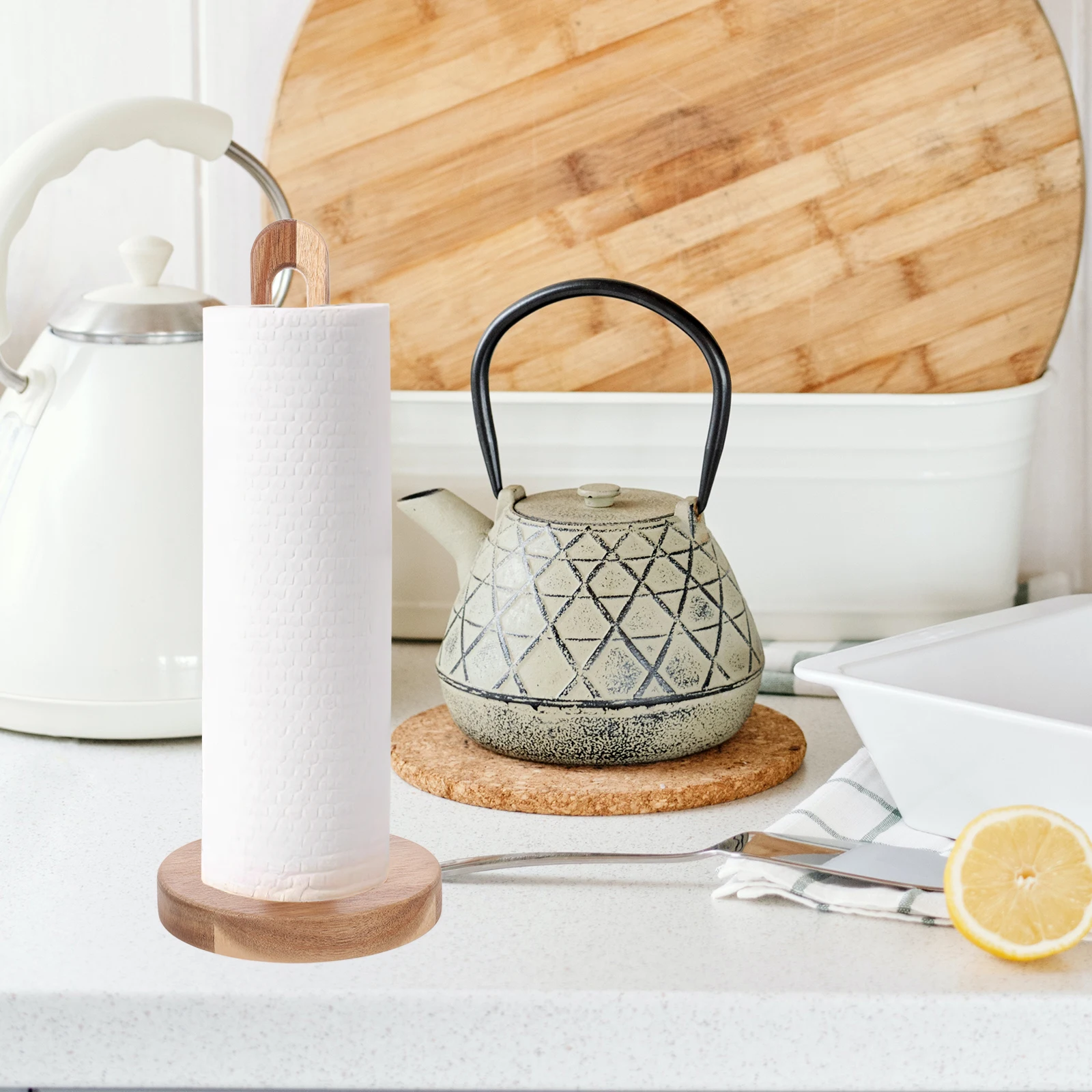 

Wooden Paper Towel Holder Kitchen Stand Countertop Storage Rack Spacesaving Design Bamboo Material Decorative Yarn Dispenser