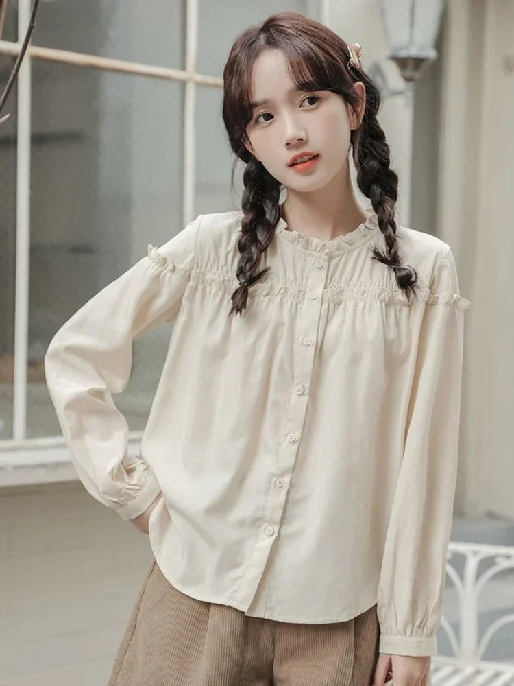 

Japan Cute Women Sweet Shirt Casual Loose Long Sleeve Apricot Blouse Vintage O Neck Edible Tree Fungus Preppy Style Tops