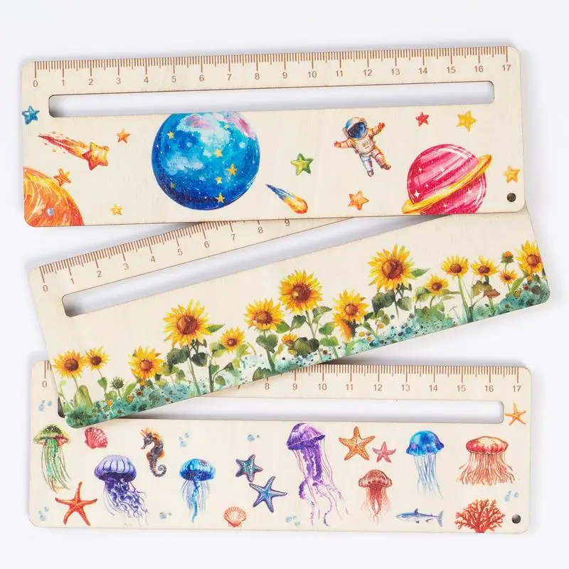 Reading Tools For Kids Jellyfish Flower Planet Pattern Bookmark Ruler 18 Cm Wood Reading Tracking Rulers Classroom Supplies For