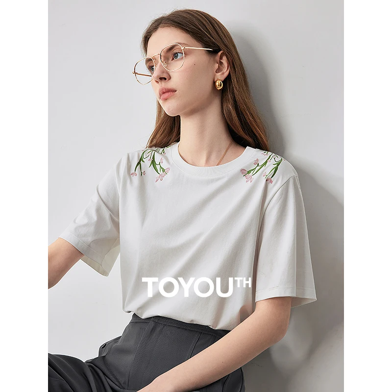 TOYOUTH Women Pastoral Style T-shirt 2024 Summer New Cool Sensation 5A Level Antibacterial Top