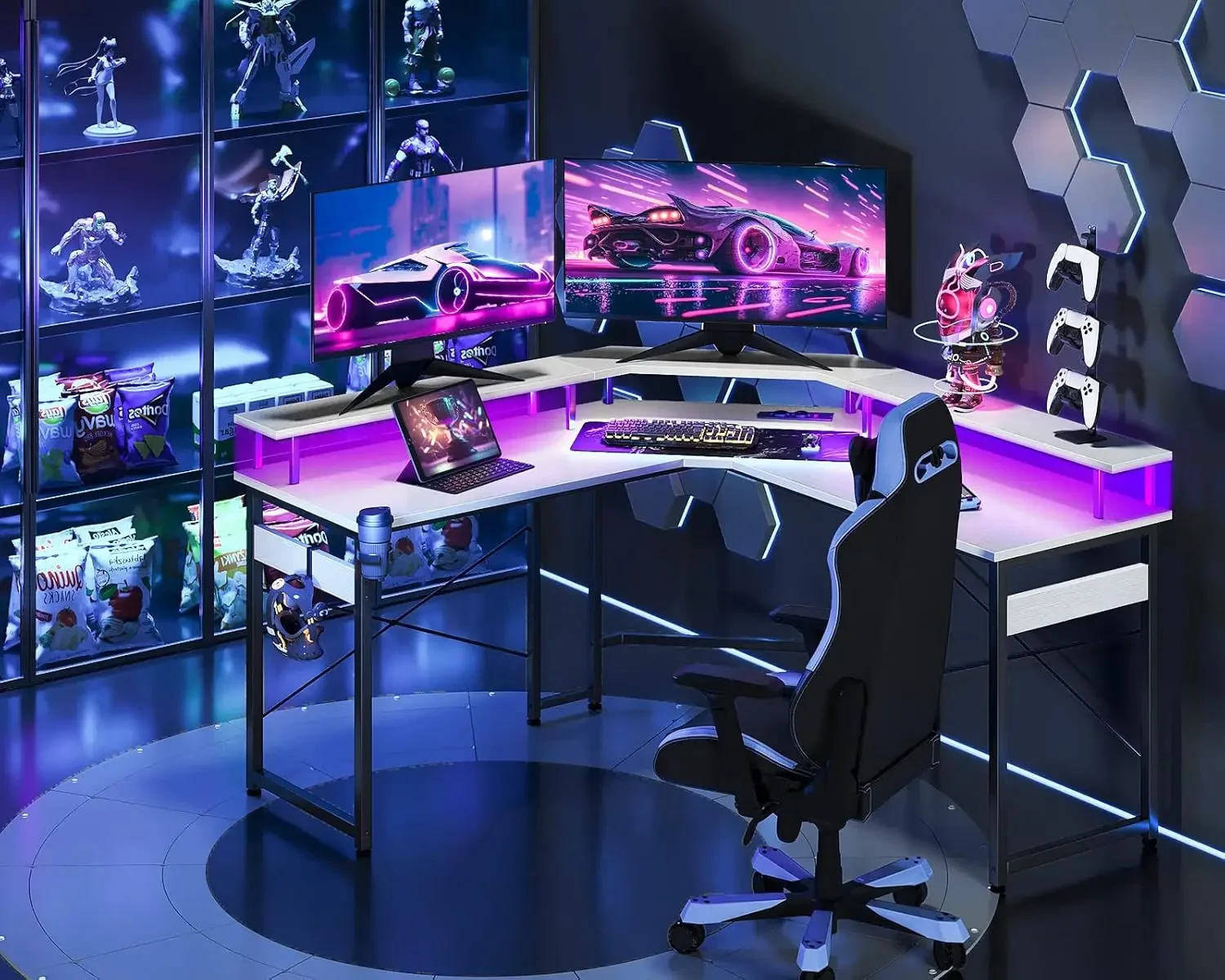 Mesa Gaming con LED,Escritorio Gaming con Enchufes,Mesa Escritorio Gaming con Soporte para Monitor,Blanco,desks,table gaming pc