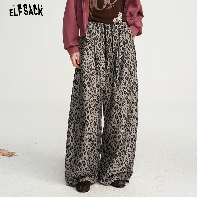 ELFSACK Women Y2K Wide Leg Pants with Leopard Print Elastic Drawstring Waist Loose Trousers for Street Daily Outfit