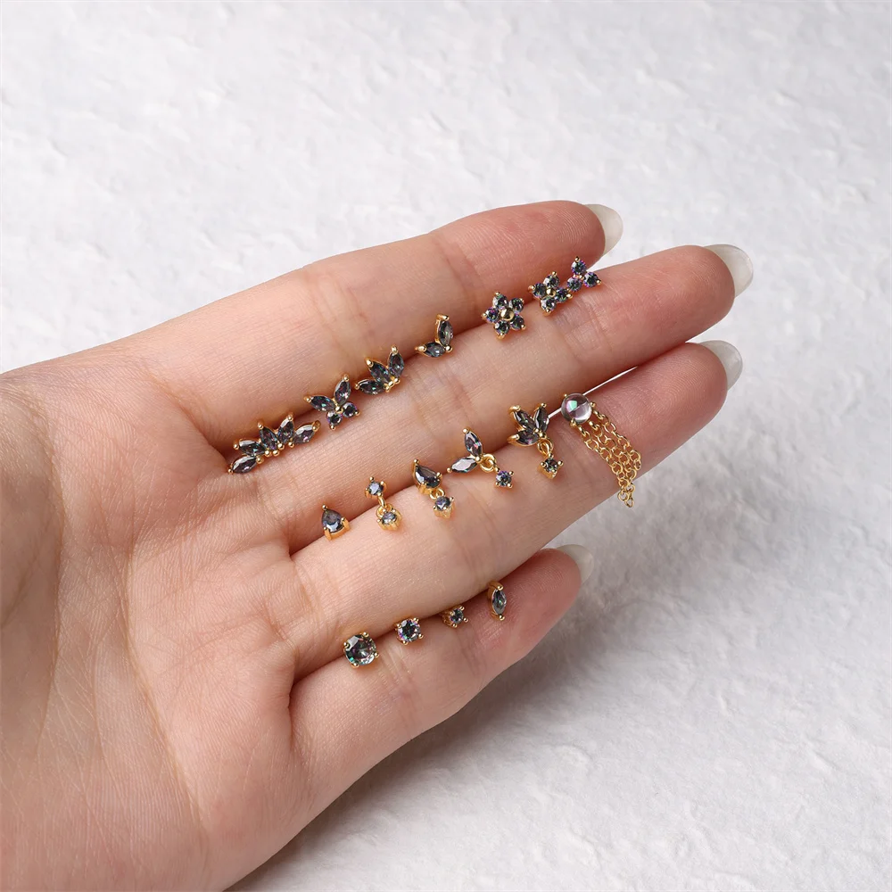 CANNER 1PC S925 Pure Silver Shining Rainbow Stone Flat-head Threaded Piercing Nail Stud Earring for Women Flower Jewelry