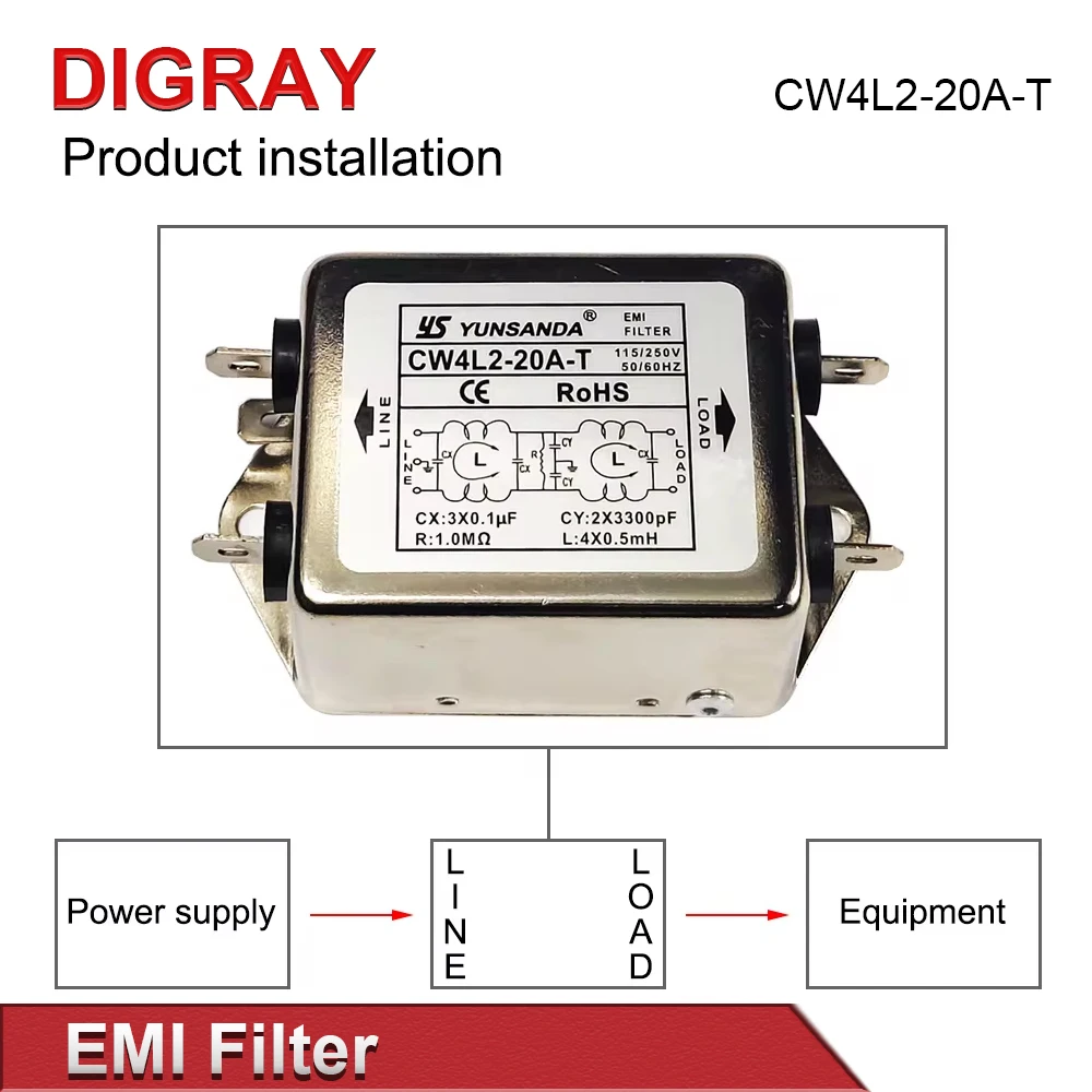 DIGRAY EMI Filter CW4L2-20A-T Single Phase AC 115V / 250V 20A 50/60HZ For Laser Cutting Engraving Machine And  Marking Machine.