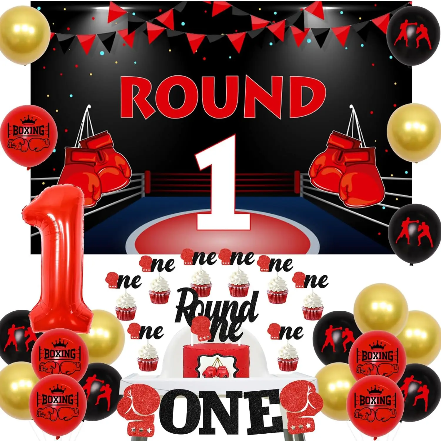 Funmemoir Boxing 1st Birthday Party Decorations Round 1 Backdrop Cake Toppers Highchair Banner Balloons Sports Theme Supplies