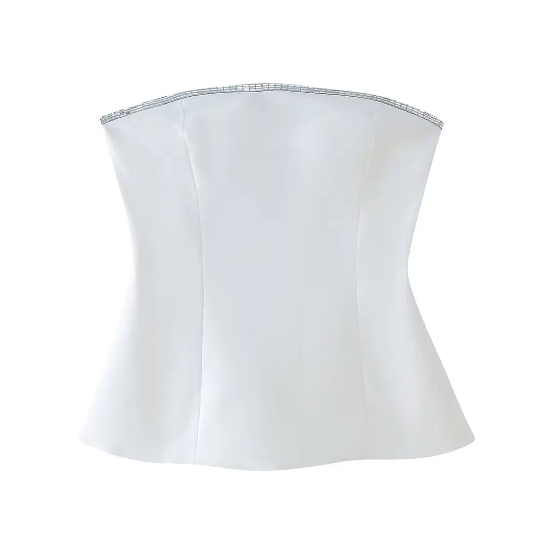 

HH TRAF 2024 Fashion Woman Sexy Sleeveless Back Zipper Slim White Tops Women's Chic Jeweled Decoration Strapless Tops Mujer